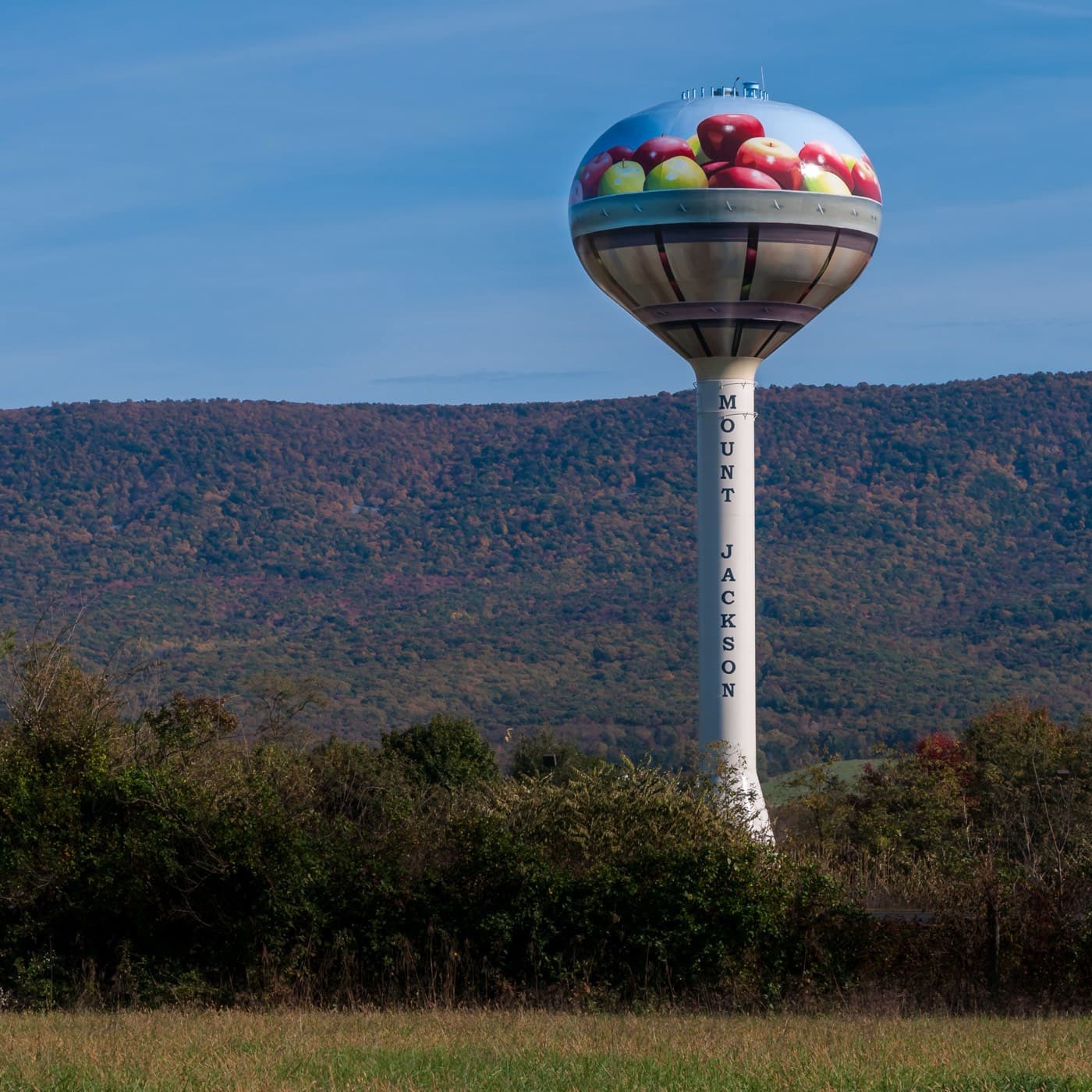Mount Jackson water tank painted as a basket of red and green apples, with mountains behind