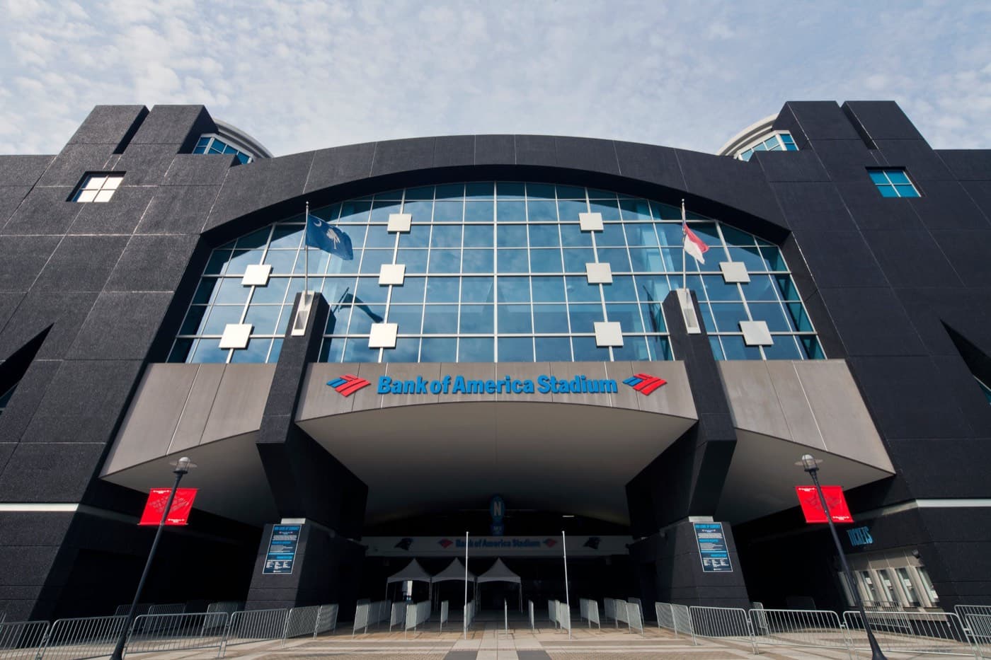 Bank of America Stadium main entrance in Charlotte, NC, with its dark precast concrete facade