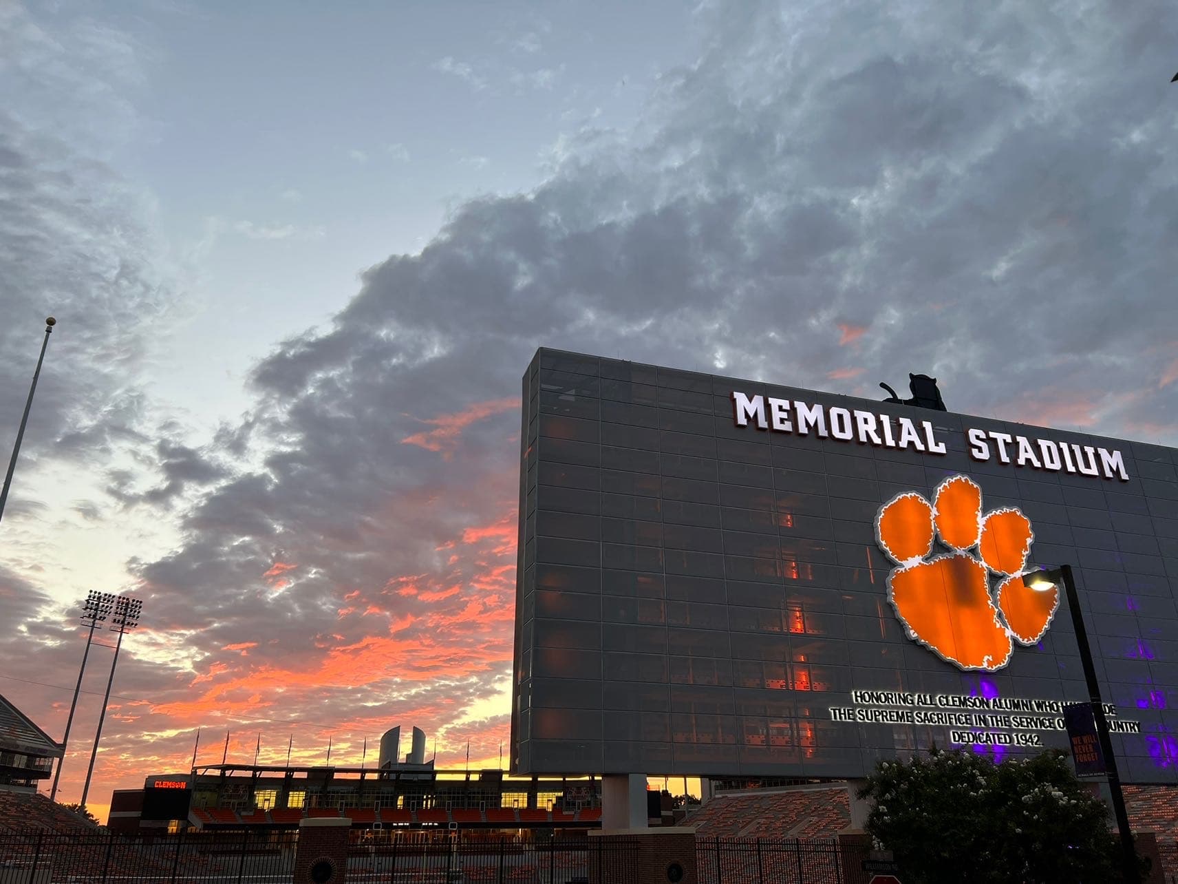 Clemson Memorial Stadium west end scoreboard at sunset