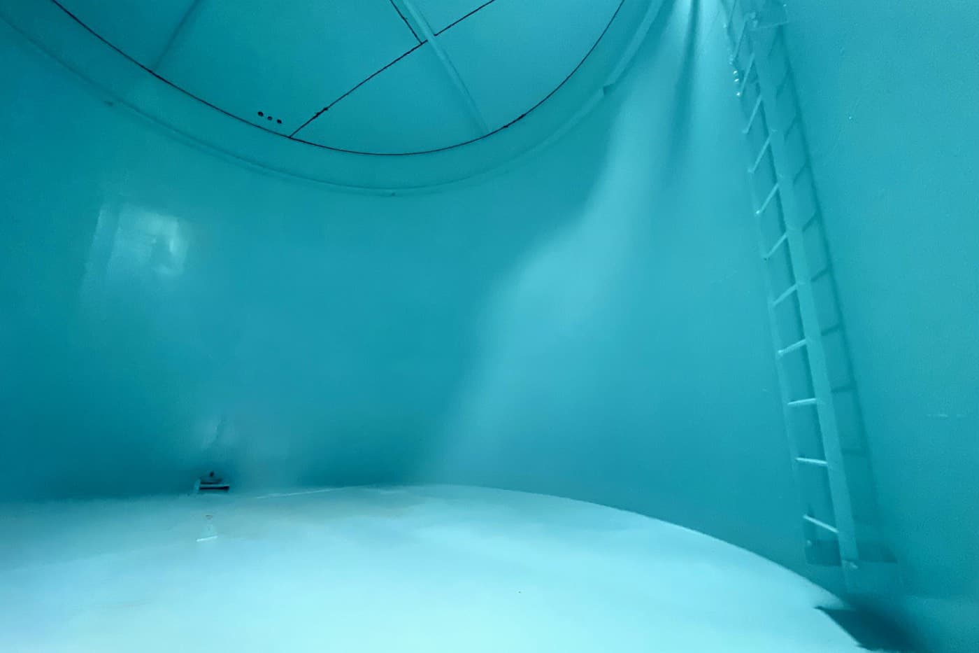 Interior lining of the Connestee Falls water tank in North Carolina, with a ladder up the coated tank wall