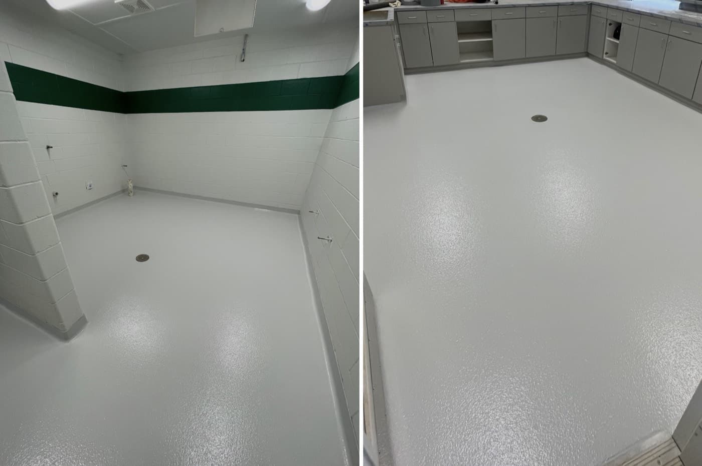 Slip-resistant gray resinous floors in a high school restroom and concession area in South Carolina