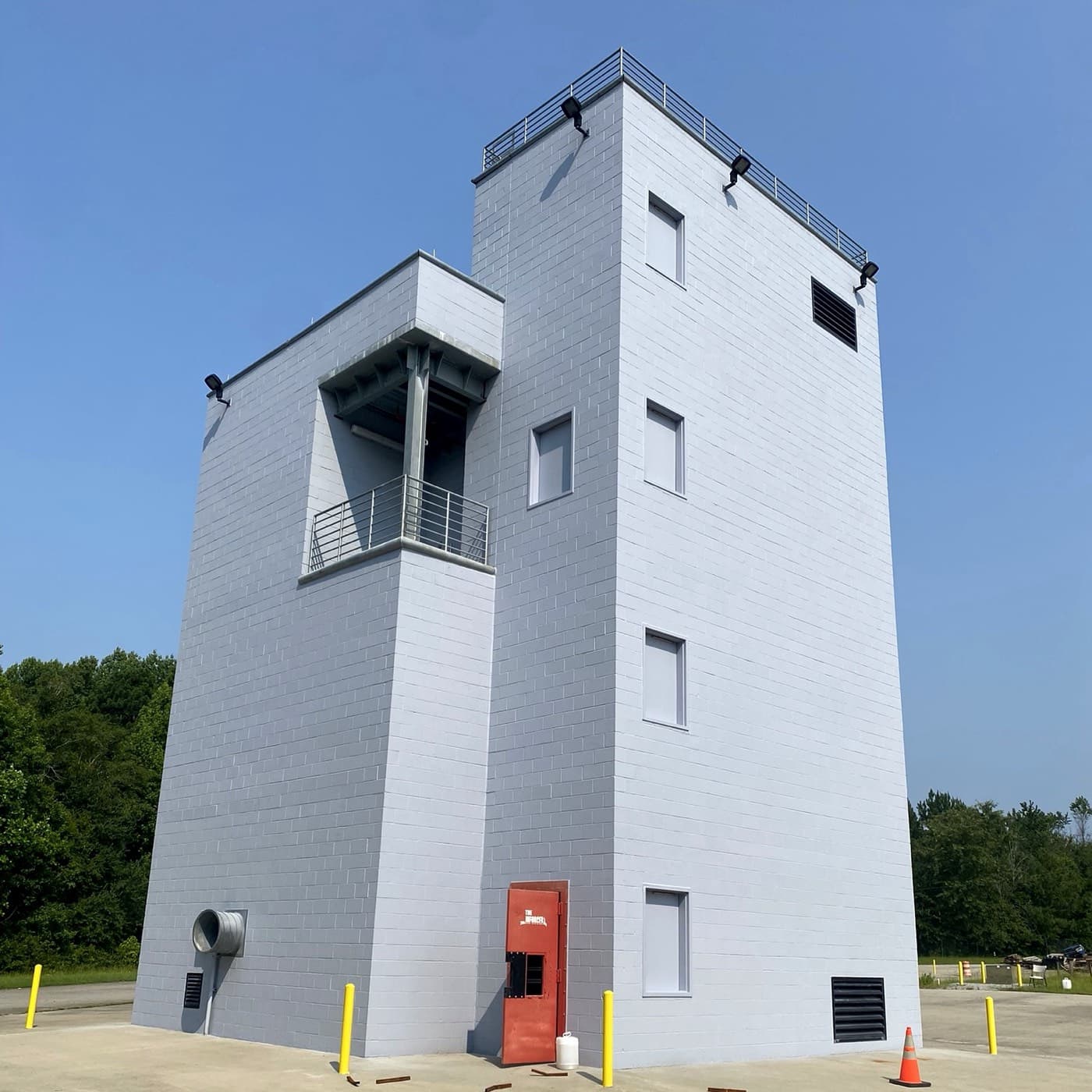 Lexington County Fire Academy training tower in Lexington County, SC, with coated gray masonry walls