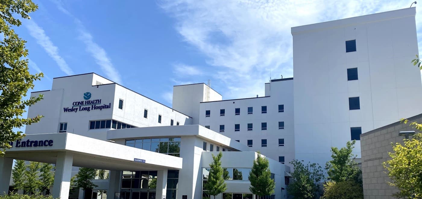 Front entrance of Cone Health Wesley Long Hospital in Greensboro, NC
